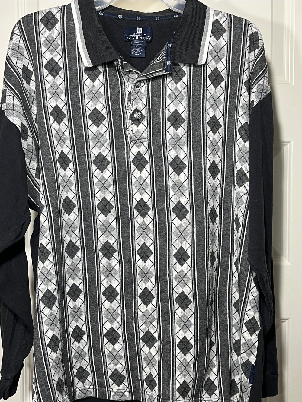 Vintage Givenchy Activewear XL Argyle Stripe Long Sleeve Polo Shirt Gray Black - Picture 2 of 7
